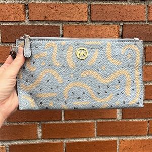 Michael Kors Pebbled Leather Clutch Wristlet Blue Gray Upcycled Swirly Polka Dot